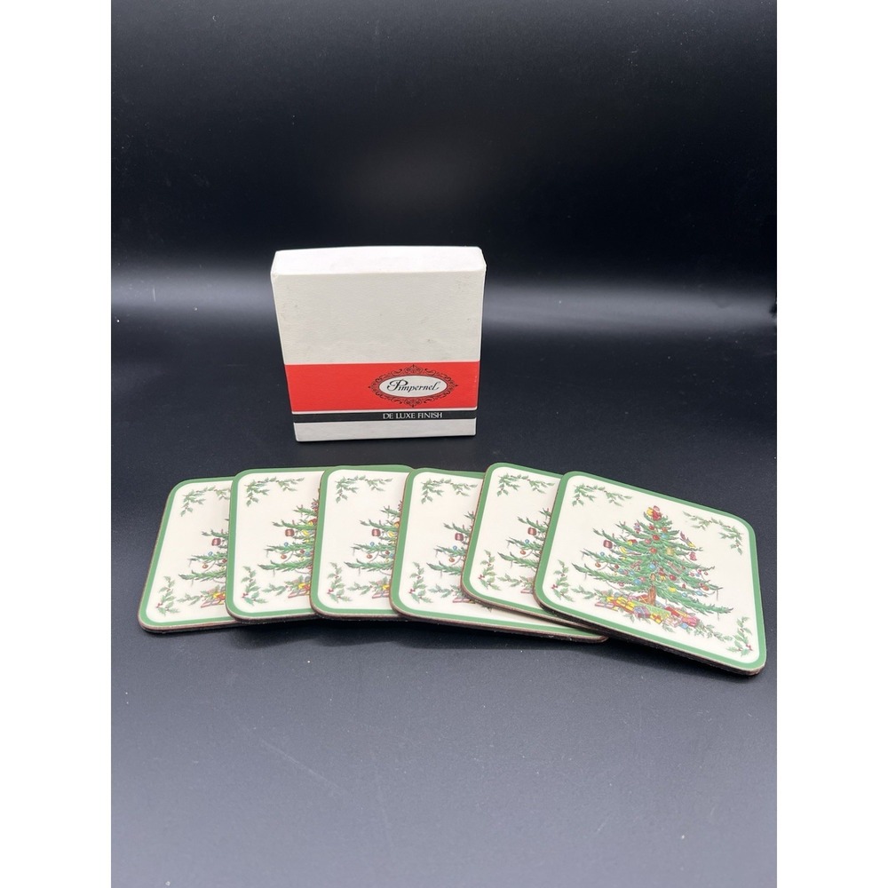 🎄Spode Christmas Tree Coasters – Set of 6 Square Cork Back – Multicolor–Holiday